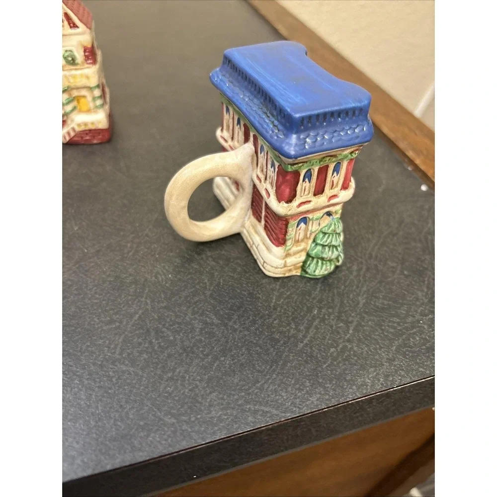 Vtg~Set Of 4~Christmas Village Ceramic Napkin Ring~Holiday Houses~IOB